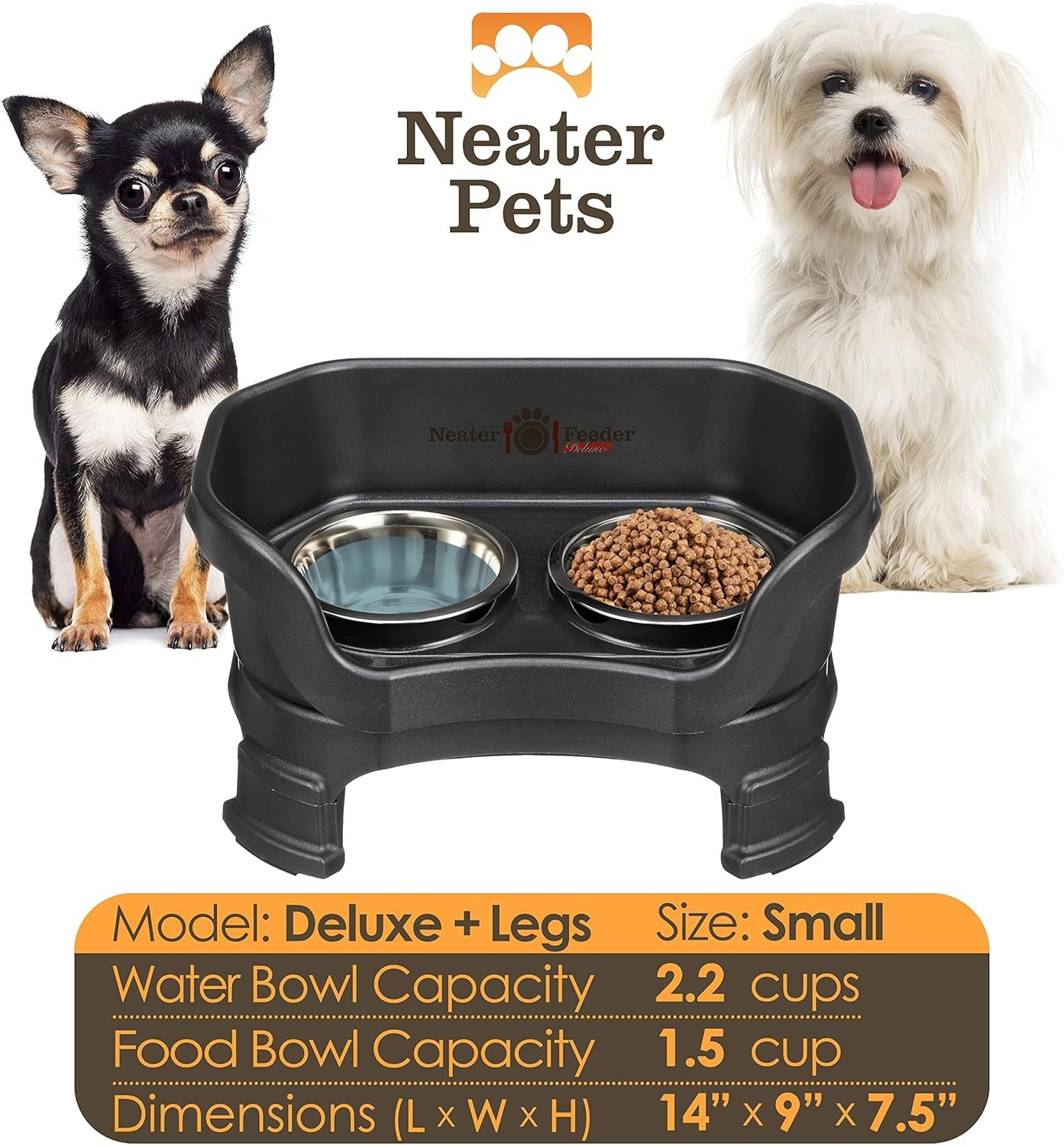 Neater Feeder Deluxe Mess-Proof Elevated Dog Bowls for Small Dogs (Up to 19 Lbs), 2 Height Adjustable (6” & 7.5”) No-Spill Raised Dog Bowl Stand, Stainless Steel Food Bowl Set, Made in USA, Black
