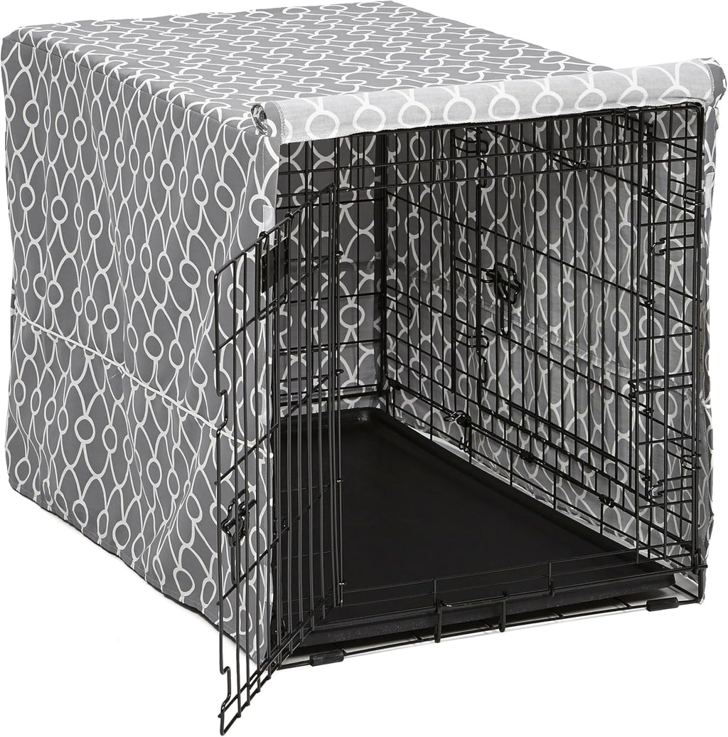 Dog Crate Cover with Teflon Fabric Protector, Poly-Cotton Privacy Kennel Cover Fits Most 36-Inch Crates, Gray Designer Print, Washable, Reduces Barking