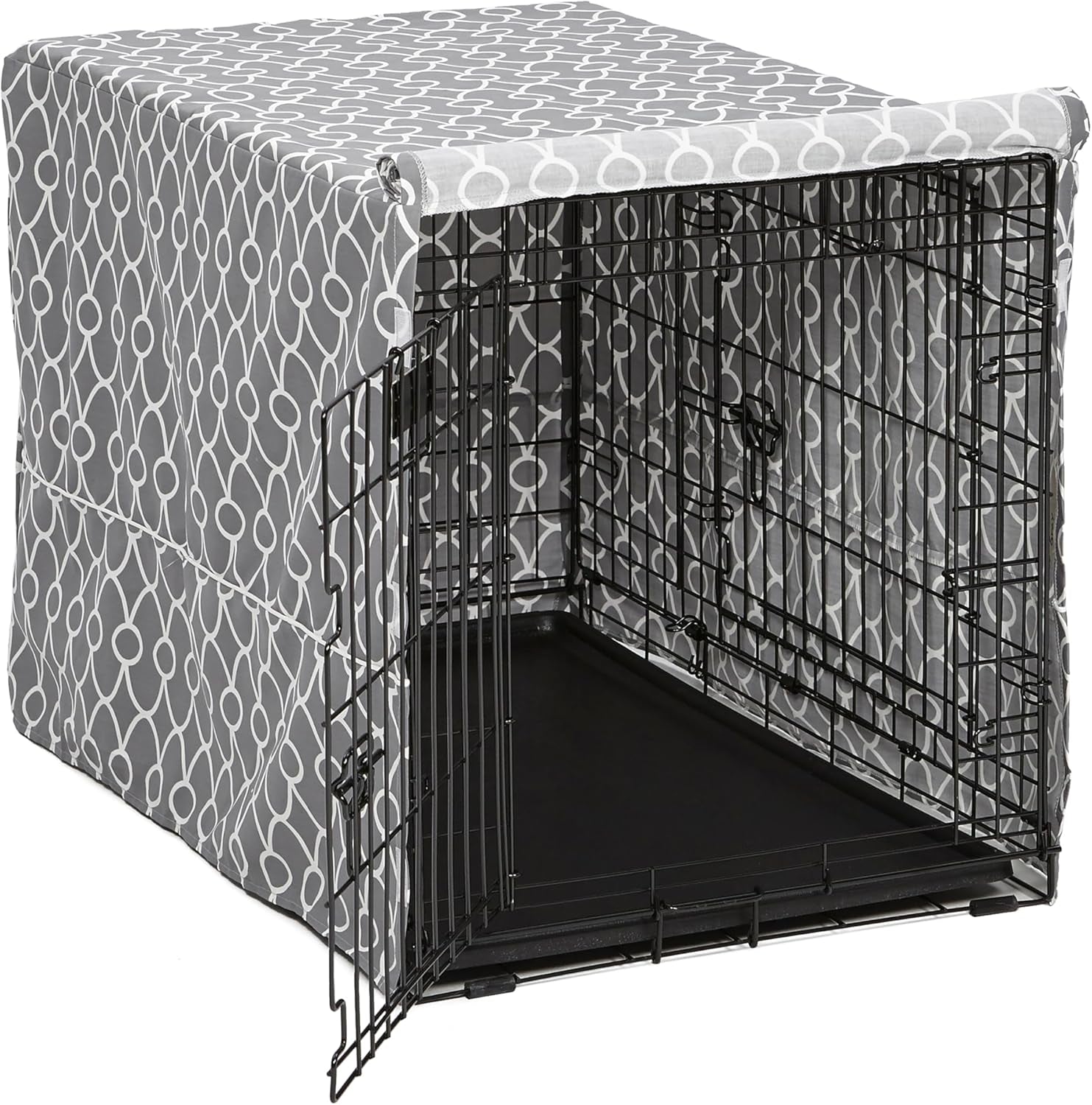 Dog Crate Cover with Teflon Fabric Protector, Poly-Cotton Privacy Kennel Cover Fits Most 36-Inch Crates, Gray Designer Print, Washable, Reduces Barking