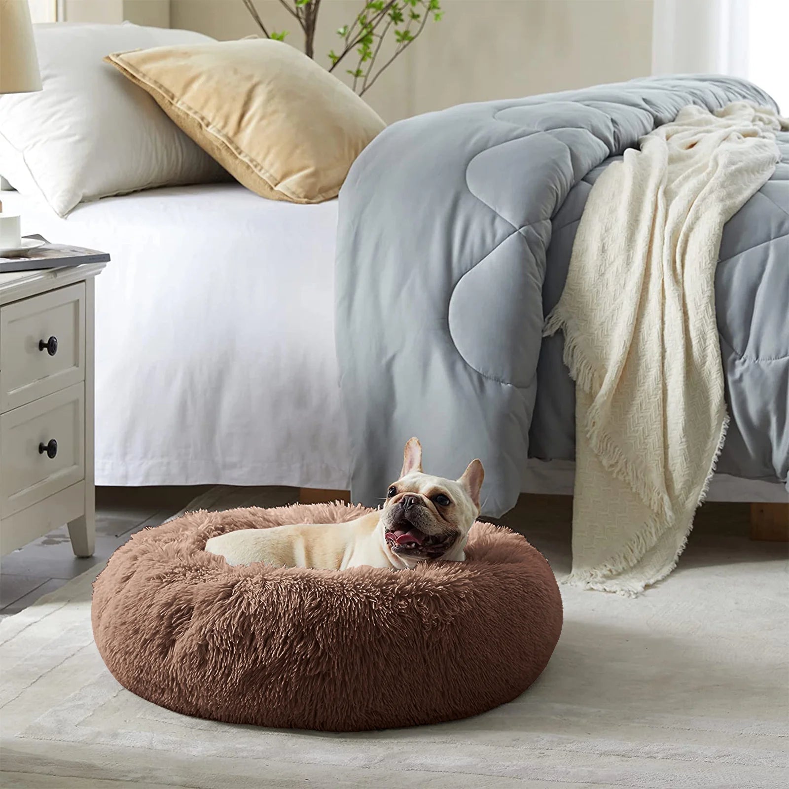 Calming Donut Dog Bed Anti-Anxiety, Self Warming, Cozy Soft Plush round Pet Bed, Ideal for Both Home & Travel, 20"L X 20"W X 8"H