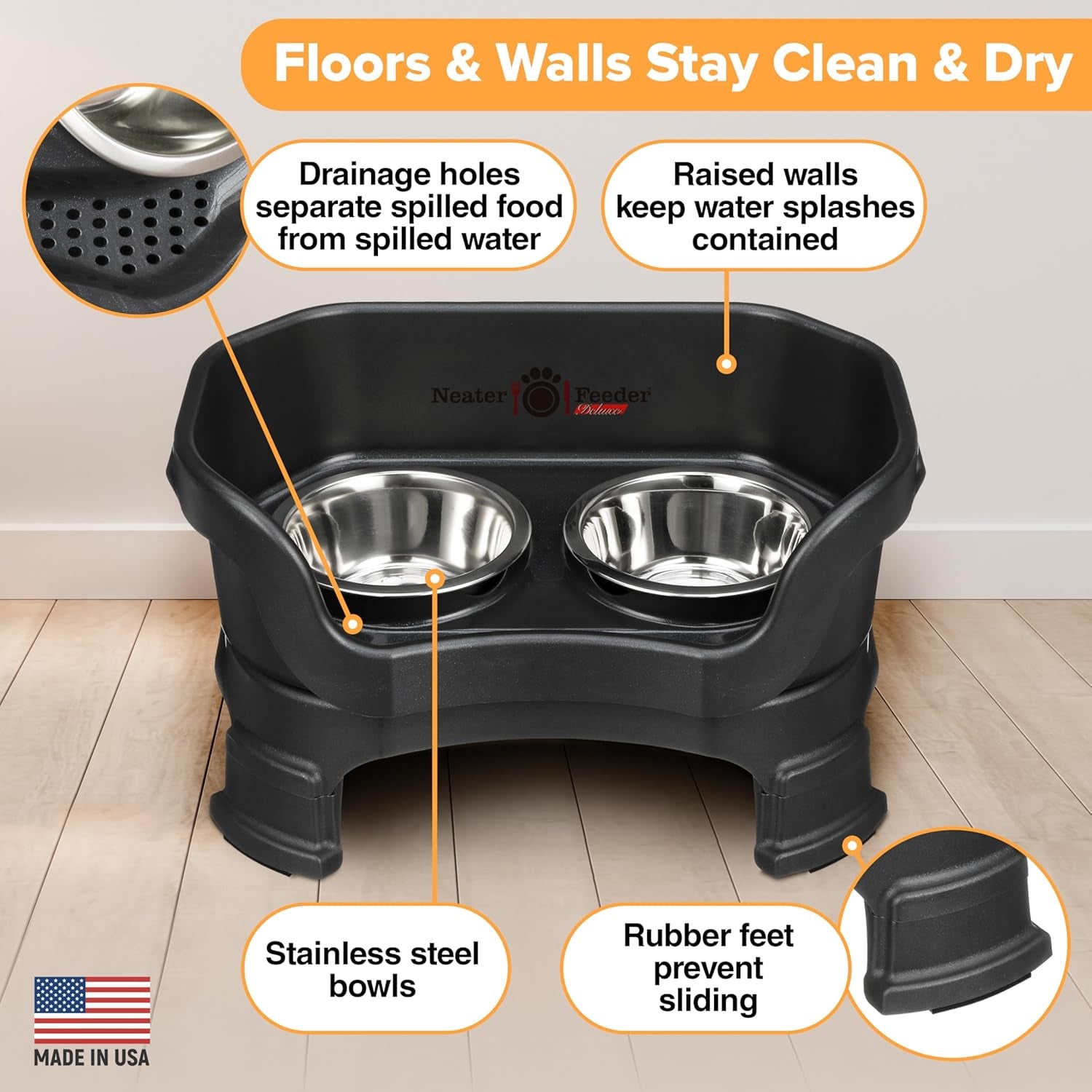 Neater Feeder Deluxe Mess-Proof Elevated Dog Bowls for Small Dogs (Up to 19 Lbs), 2 Height Adjustable (6” & 7.5”) No-Spill Raised Dog Bowl Stand, Stainless Steel Food Bowl Set, Made in USA, Black