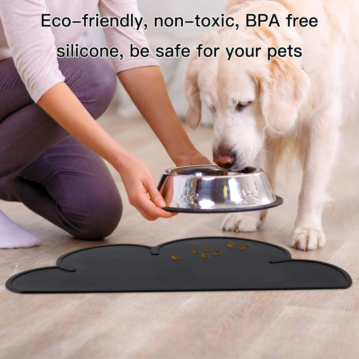 Pet Food Mats–Dog Cat Feeding Mat Top Grade Cloud Silicone Pad Anti-Slip Waterproof Anti-Slip Bowl Placemat (Black)